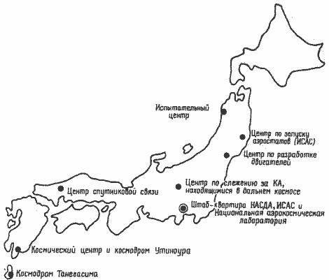 Схема расположения основных космических центров Японии