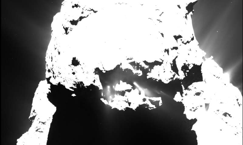 67P даже после наступления темноты испускает в космос пылевые струи